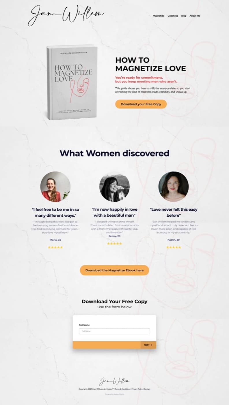 Jan-Willem's old lead magnet page: a book mock-up and a free PDF download button.